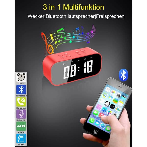 Bluetooth-högtalare Digital väckarklocka LED-spegeldisplay Dubbla larm Dimbar, Röd