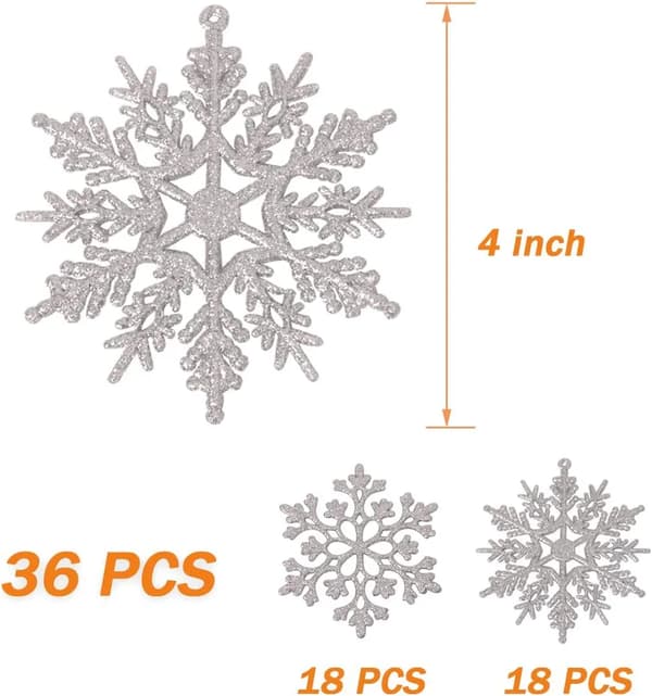 36 glitrende snøfnuggdekorasjoner i plast, 10 cm 36 Glitter Plastic