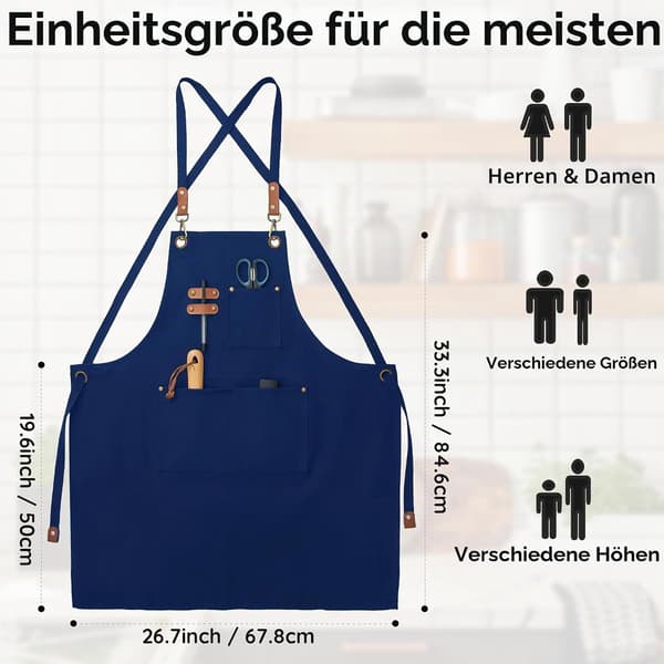 Blått arbeidsforkle i kanvas for menn og kvinner, 3 lommer, kryssryggstropper Canvas Aprons, Waterproof
