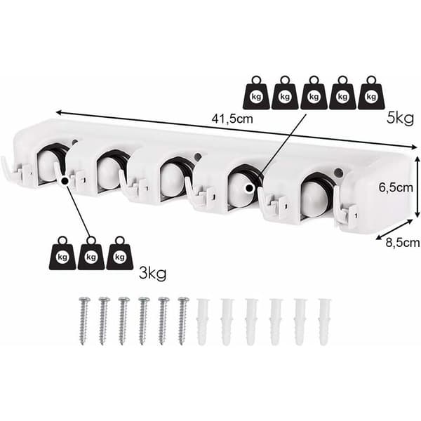 Vægbørsteholder 5 slidser 6 kroge Moppe Paraply Organizer Skruemontering Pladsbesparende