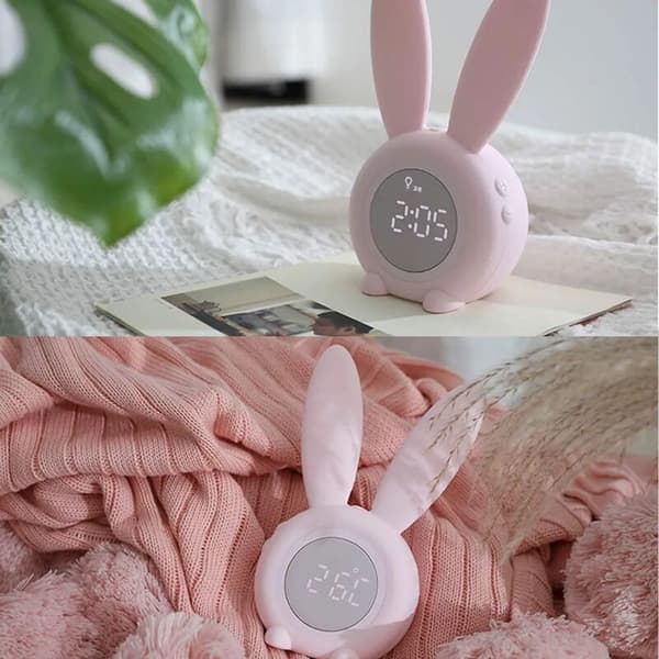 Søt Kanin Barnevekkerklokke Timer Nattlys Snooze 6 Ringetoner Temp Display, Rosa