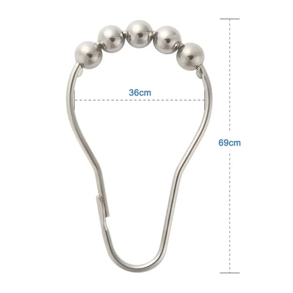 12 st duschdraperiringar i rostfritt stål med glidsystem, 12 enkelkrokar, 69x39mm
