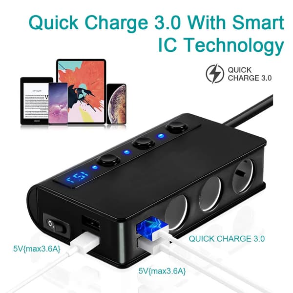 3-stik bil cigarettænder splitter med 4 USB-porte 12/24V ca. 200W total effekt sort telefon tablet GPS