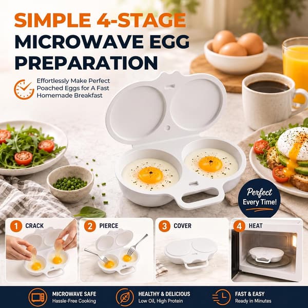 Mikrovågsugn Äggpocherare med Dubbla Hålrum, Lock och Handtag, 2-pack (Vit) Dual Cavity Microwave