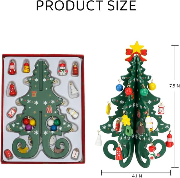 2 stycken 7,5 tums mini julgran i trä, 3D julbordsgran med prydnader (grön och guld) 2 pcs