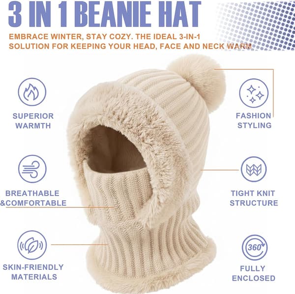 3-i-1 stickad mössa med fleecefoder, halsduk och mask, varm AQOKKA 3 in