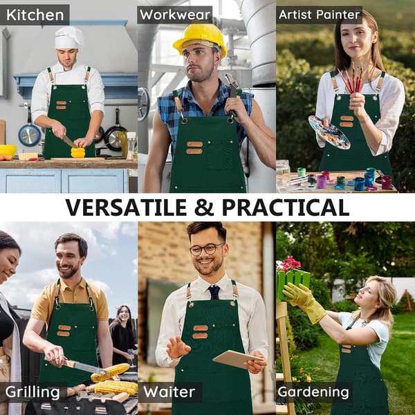 Grønt arbeidsforkle i kanvas for menn og kvinner, 3 lommer, kryssryggstropper Canvas Apron, Waterproof