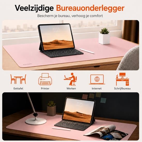 Dobbeltsidet skrivebordsmåtte 90x45cm, kork/PU-læder, musemåtte XXL, rosa XXL