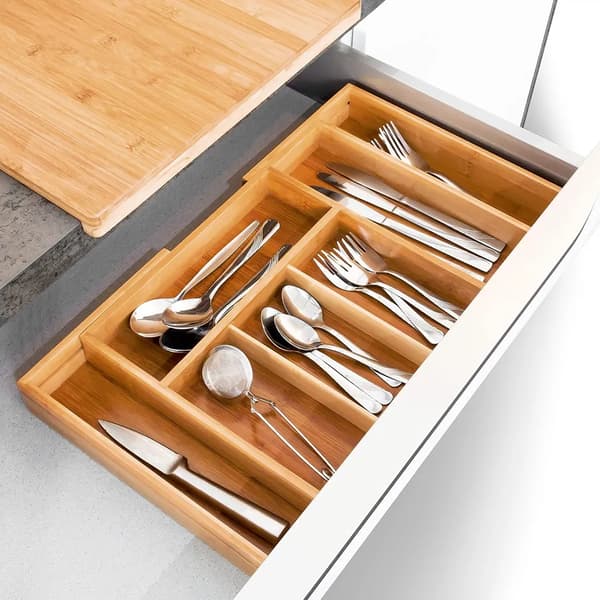 Laajennettava bambuaterinlaatikko, 6-osastoinen Expandable Bamboo Cutlery