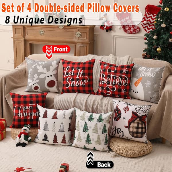 Julkuddfodral 18x18 4-pack Dubbelsidiga för Juldekoration 4 pcs