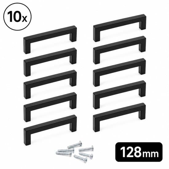 10-pak sorte greb, 128 mm hulafstand, rustfrit stål, moderne skabs- og møbelgreb 10X Handgrepen Zwart