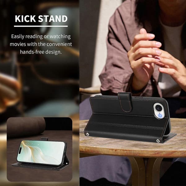 Pung etui kompatibel med iPhone 16e / 17e, 9 kortpladser, PU læder, flip stander, 16 cm rem Compatible For iPhone