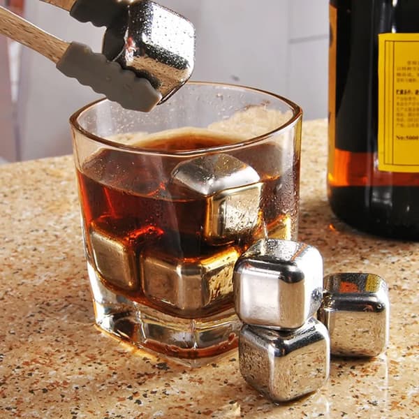 Whisky Sten Rustfrit Stål 8 Terninger med Tang Genanvendelig til Whisky Vodka Vin Cocktail