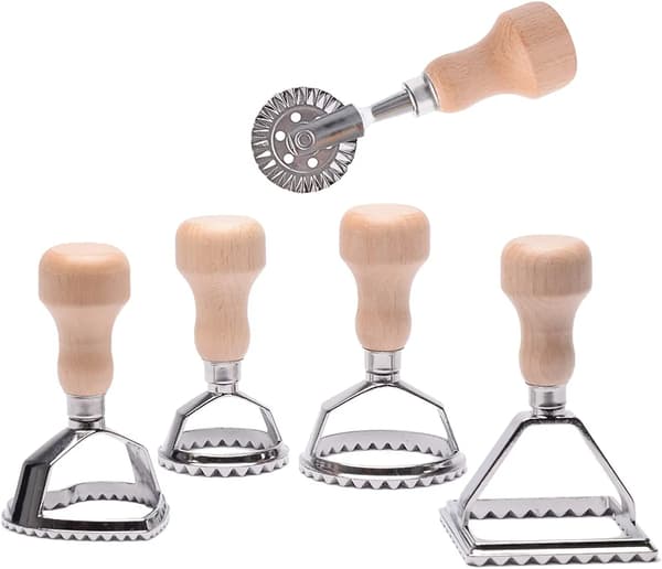 Ravioliformsett 5 deler Sinklegering Trehåndtak Pizzakutter Dumpling Maker