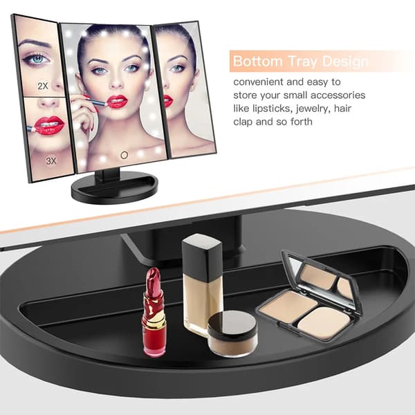 Trefoldigt makeup-spejl 22 LED 2x 3x forstørrelse Touch Dim 180 roterbart til toiletbord
