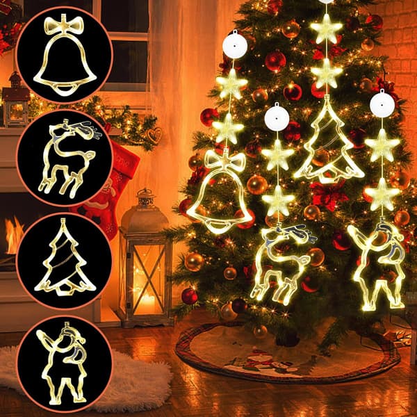 Sett med 4 LED jule sugekopplys, stjerne + elementer, varmhvit, batteri med timer Set of 4