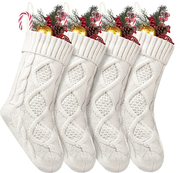 Julstrumpor 4-pack 35,6 cm Stickat Mönster Elfenbensvit Jul Heminredning
