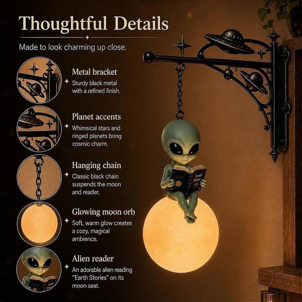 Alien Måne Leselampe, Varmt Lys Hengende Kule Nattlys, Romtema Bokelsker Dekor Alien Moon Reading