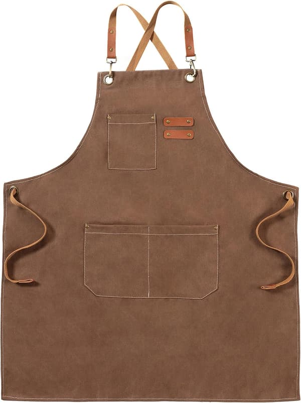 Brun arbeidsforkle i kanvas for menn og kvinner, 3 lommer, kryssryggstropper Canvas Aprons, Waterproof