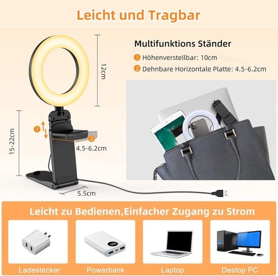 5\" Videokonference Lys - 3 Farvetemperaturer - 5 Lysstyrkeniveauer - 360° Drejelig Lzwintrading - Ringlight