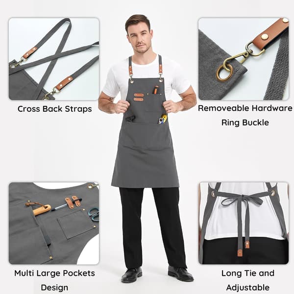 Grått arbeidsforkle i kanvas for menn og kvinner, 3 lommer, kryssryggstropper Canvas Aprons, Waterproof