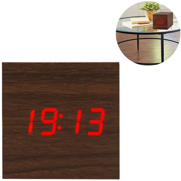 Kubformad LED Digital Väckarklocka i Trä Stil 6 6×6×6 cm Tid Temp Datum 3 Larm USB/Batteri 1 st
