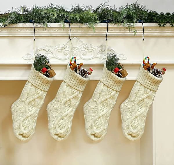 Julstrumpor 4-pack 35,6 cm Stickat Mönster Elfenbensvit Jul Heminredning