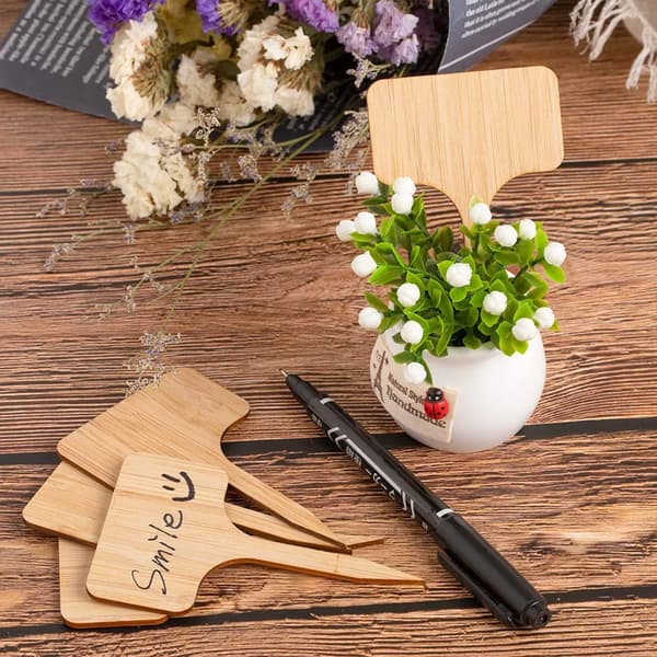Bambu T-växtetiketter 50 st skrivbara trädgårdsmarkörer 6x10cm med märkpenna