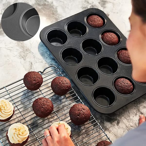Kæmpe Muffinform 1 stk. 12 Kopper Kulstofstål 35,5x27x3cm Sort Granit Nonstick