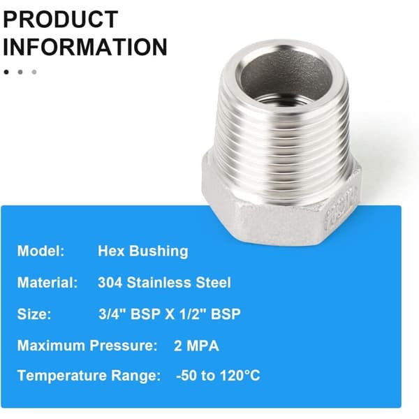 2 stk 304 rustfritt sekskantet reduksjonsforing BSP 3/4\" hann til 1/2\" hunn røradapter