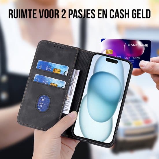 Svart Plånboksfodral, Kompatibel med iPhone 15 Plus, med Skärmskydd