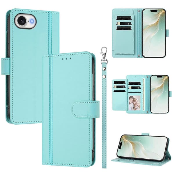 Plånboksfodral kompatibelt med iPhone 16e / 17e, 9 kortplatser, PU-läder, vikbart stativ, 16 cm rem Compatible For iPhone