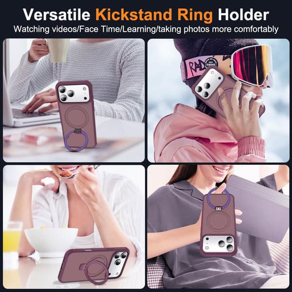 Kompatibel med iPhone 17 Pro-deksel med stativ, vinrød, magnetisk ringstativ SKYLMW Compatible with