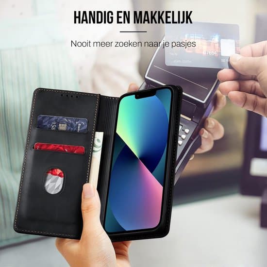 Svart plånboksfodral, kompatibelt med iPhone 13 Mini, med skärmskydd