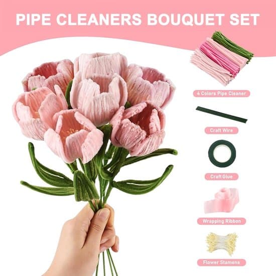 400-pak chenillestilke lyserøde 30 cm med blomstertilbehør