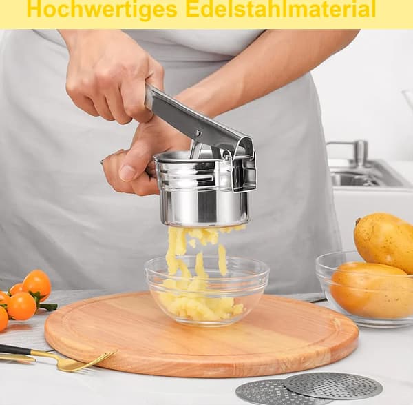 Potetpresse i rustfritt stål med 3 utskiftbare skiver, 27 cm, for potetmos