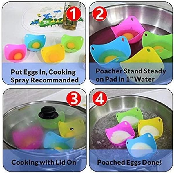 Silikonformar för pocherade ägg, 4-pack, non-stick, färgglada, ca 9 cm, äggdessert