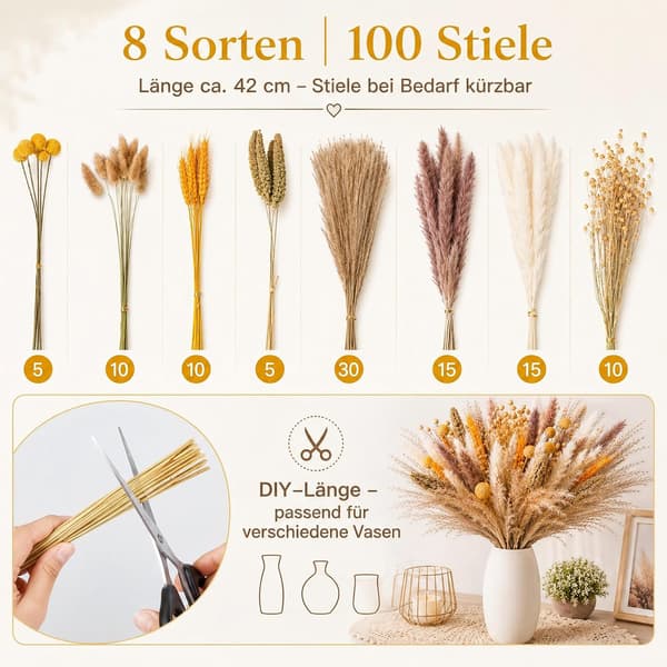 Sosayet Tørrede Blomster Efterår, Pampasgræs til Efterårsdekoration, Naturlige Tørrede Blomster Boho Stil Sosayet Dried Flowers