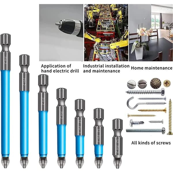 7 stk. PH2 Magnetiske Anti-Slip Hex Bits S2 Multi Længde Sølv Blå Kompatibel med Skruemaskiner Boremaskiner