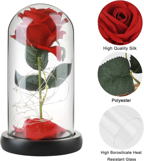 Presentförpackning med konserverad roslampa, glaskupol, LED-ljus, träbas, heminredning