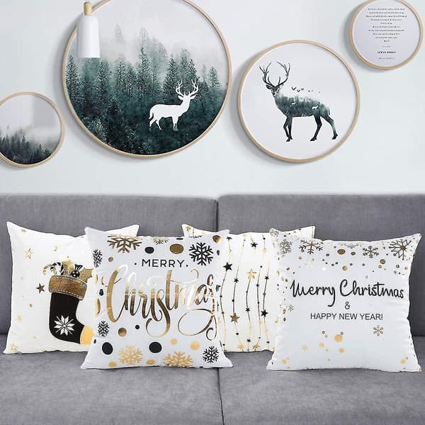 4 stk. julepudebetræk 45x45 cm, varmstempling gyldne snefnug glædelig jul pudebetræk til sofa 4 pcs