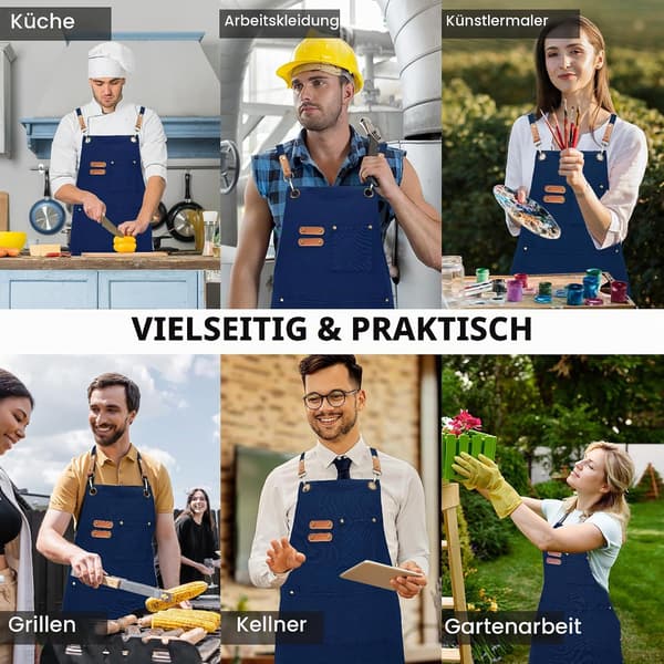 Blått arbeidsforkle i kanvas for menn og kvinner, 3 lommer, kryssryggstropper Canvas Aprons, Waterproof