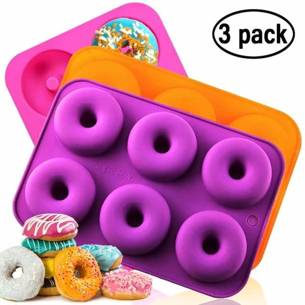Donut Silikoneform, Non-Stick Silikone Donuts, Bageform Kageforme Donutforme til 6 Donuts, Bagels, Muffins, 3-pak 6-hulrums Donut Bageform