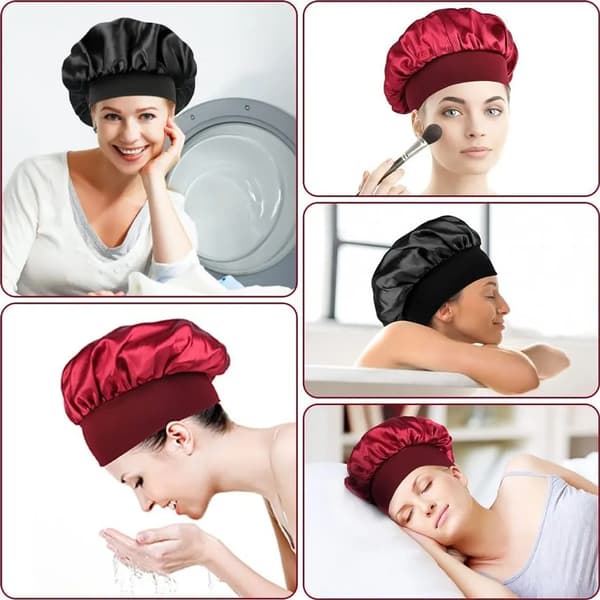 2 Satin Sovehætte Dame Nat Sovehætte Justerbar Hovedbeklædning Blød Hårhætte Silke Elastisk Hårbeskyttelseshætte Sort Rød