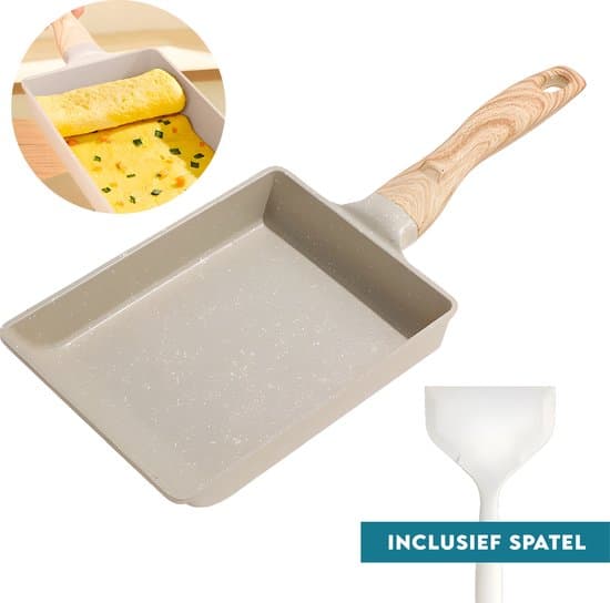 Tamagoyaki-panna, rektangulär non-stick omelettpanna, kompatibel med alla spishällar, spatel ingår