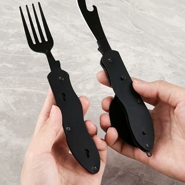 Utomhus Camping Vikbart Bestickset Rostfritt Kniv Gaffel Sked Öppnare 4-i-1 1 Set