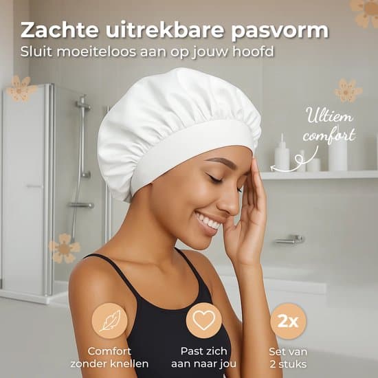 2-pak hvid satin sovehætte, justerbar, unisex, hårbeskyttelse