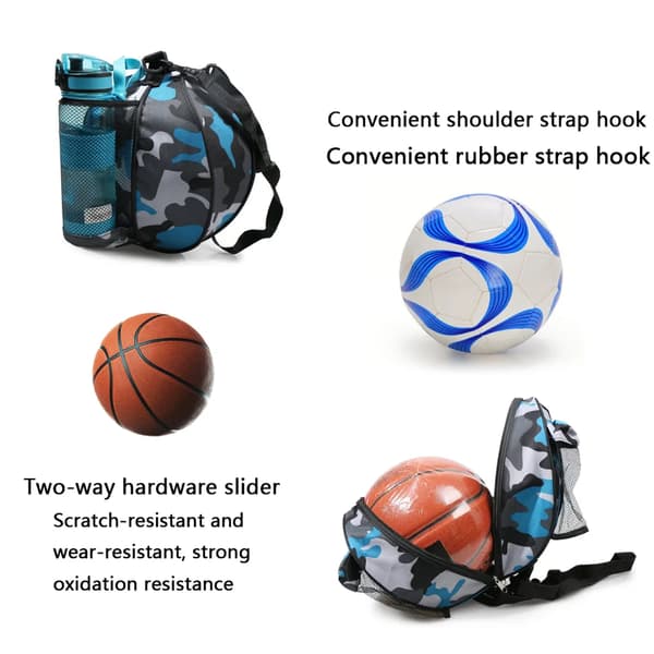 Basketväska, rund axelväska för bollsporter (kamouflageblå)