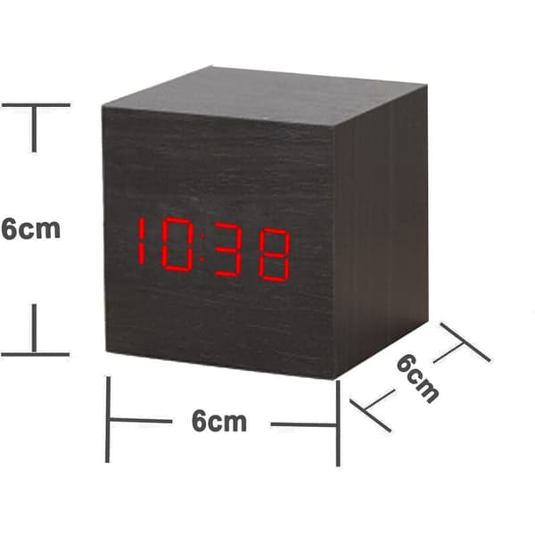 Kubformad LED Digital Väckarklocka i Trä Stil 2 6×6×6 cm Tid Temp Datum 3 Larm USB/Batteri 1 st