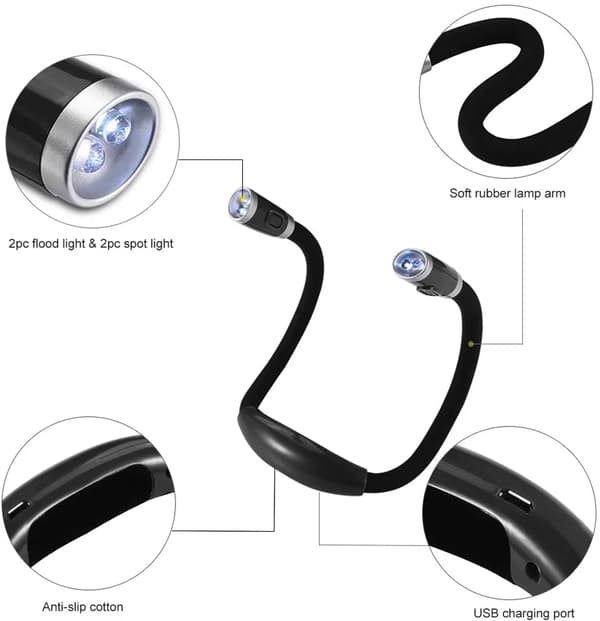LED-halsleselys svart USB oppladbart for lesing, sying, håndfri natt